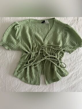 H&M Sage Green Smocked Top with bow Detail
